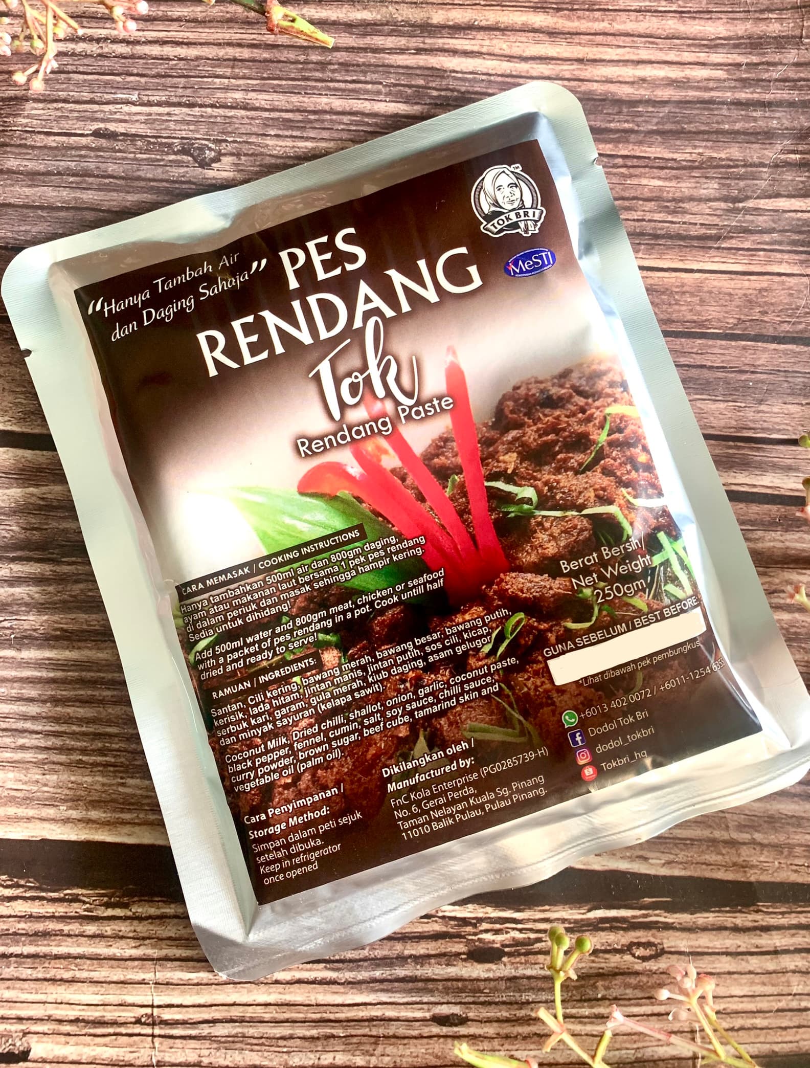 Pes Rendang TOK  250g / Hanya Tambah Air dan Ayam atau Daging/Tahan 2 Tahun Tanpa Pengawet/ Pes Rendang TOK BRI