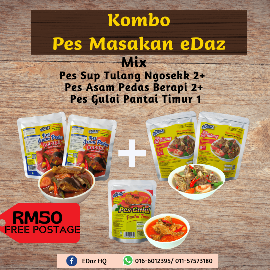 Mix Combo 5 Pes Masakan eDaz, Sup Tulang Ngosekk, Asam Pedas Berapi, Gulai Pantai timur