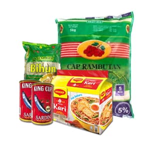 KOMBO C (BERAS RAMBUTAN 5KG + MAGGI KARI + BIHUN JASMINE + SARDIN KING CUP 2 TIN) - Image 1